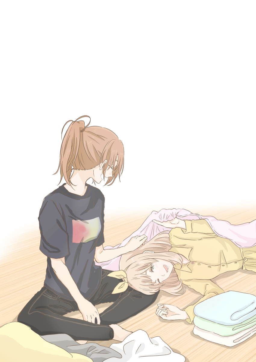 2girls, absurdres, barefoot, black_pants, black_shirt, bow_hairband, brown_hair, closed_eyes