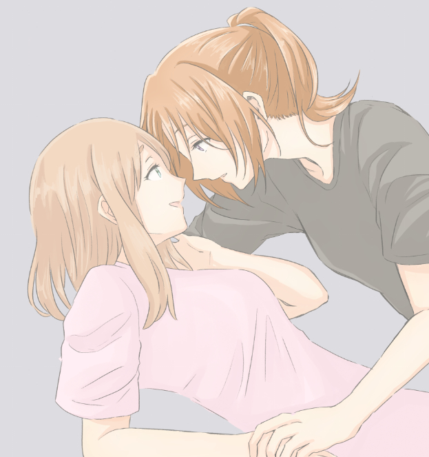 2girls, black_shirt, blue_eyes, brown_hair, commentary_request, curryisfriend, eye_contact, girl_on_top, grey_background, hibike!_euphonium, holding_hands, long_hair, looking_at_another, multiple_girls, nakagawa_natsuki, parted_lips, pink_shirt, ponytail, purple_eyes, shirt, short_sleeves, simple_background, upper_body, yoshikawa_yuuko, yuri