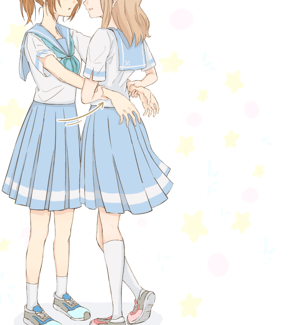 2girls, arms_around_another's_waist, blue_footwear, blue_neckerchief, blue_sailor_collar, blue_skirt, brown_hair, commentary_request