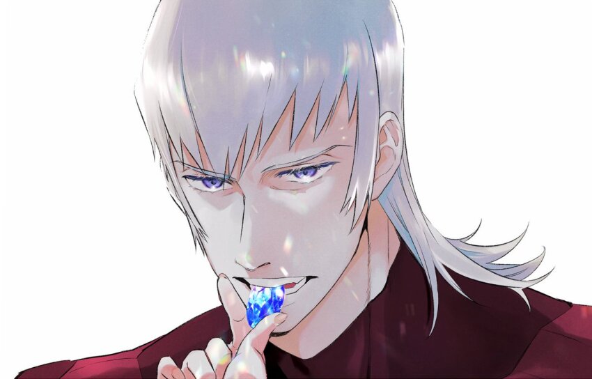 1boy, archived_source, biting, blue_eyes, blue_gem, gem, grey_hair, kakkoaki