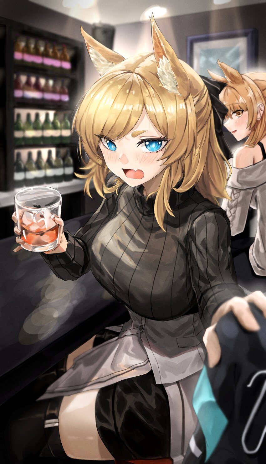 1other, 2girls, absurdres, alcohol, alternate_costume, animal_ear_fluff, animal_ears, arknights