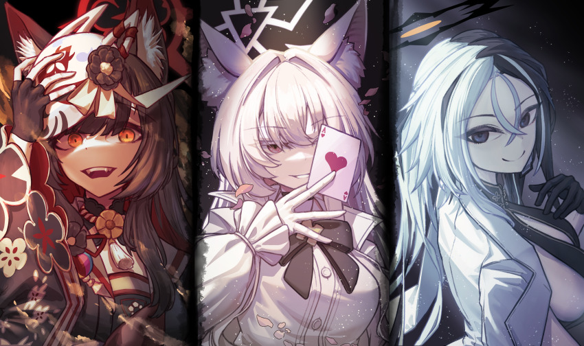3girls, ace_(playing_card), ace_of_hearts, akira_(blue_archive), animal_ear_fluff, animal_ears, black_gloves, blue_archive