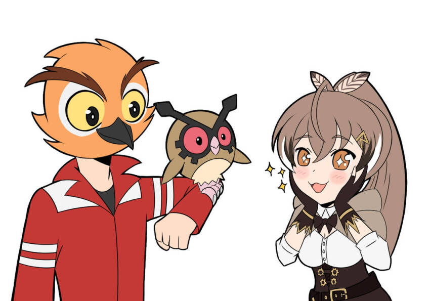 1boy, 1girl, bird, blush, brown_eyes, brown_hair, crossover, flat_color, gen_2_pokemon, hololive, hololive_english, hoothoot, iamghostskull, jacket, nanashi_mumei, nanashi_mumei_(1st_costume), nintendo, owl, pokemon, red_jacket, simple_background, sparkle, sparkling_eyes, thick_outlines, vanossgaming, virtual_youtuber, white_background