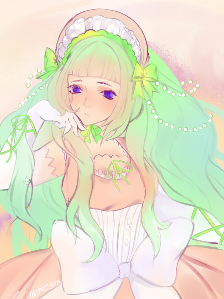 1girl, absurdres, clair_vaux_bernardus, dress, frills, gloves, green_hair, hair_ornament