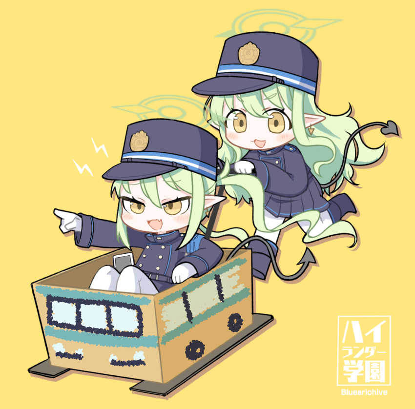 2girls, armband, black_hat, black_jacket, black_skirt, blue_archive, blue_armband, blush, box, cardboard_box, chibi, chibi_only, ebi_gohan, fang, floating_hair, gloves, green_hair, halo, hat, hikari_(blue_archive), nozomi_(blue_archive), in_box, in_container, index_finger_raised, jacket, long_hair, long_sleeves, looking_ahead, looking_at_viewer, miniskirt, multiple_girls, open_mouth, outstretched_arm, pantyhose, pleated_skirt, pointing, pointy_ears, pushing, running, shako_cap, shoulder_boards, sidelocks, simple_background, skin_fang, skirt, smile, twintails, v-shaped_eyebrows, wavy_hair, white_gloves, white_pantyhose, yellow_background, yellow_eyes