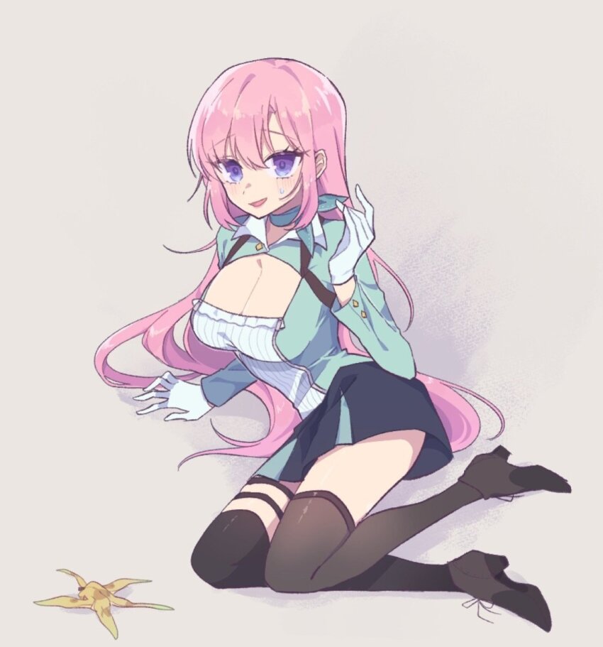 1girl, aqua_jacket, banana_peel, black_thighhighs, breasts, cleavage, fallen_down, frills