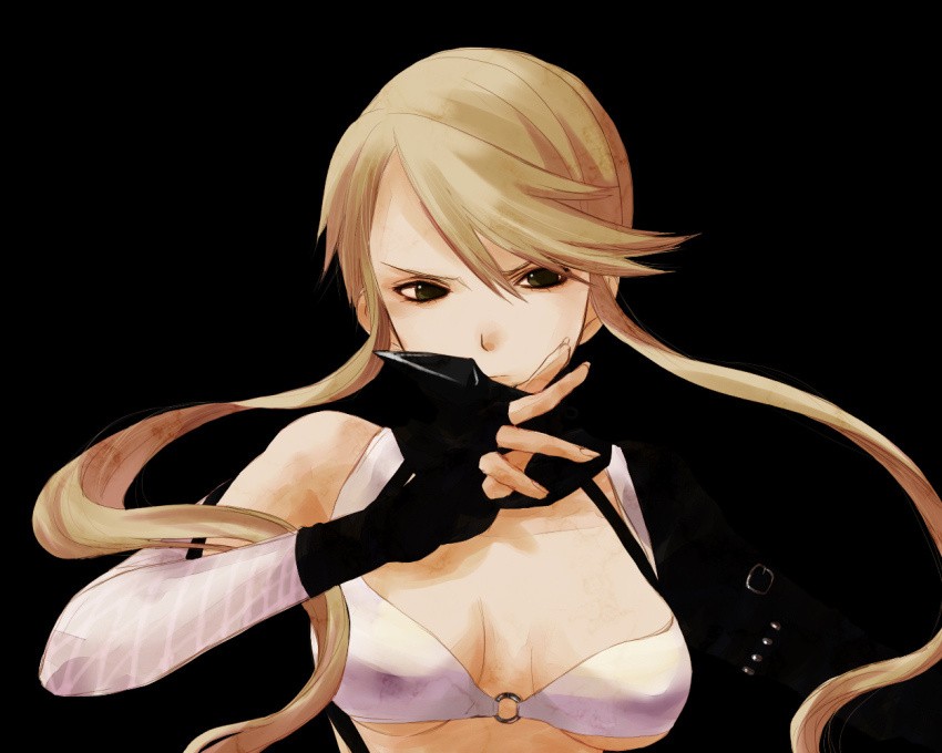 1girl, bad_id, bad_pixiv_id, blonde_hair, female_focus, fingerless_gloves, fingernails, gloves, ichikawa_(addiction), kasuga_(sengoku_basara), kunai, long_hair, ninja, o-ring, o-ring_top, sengoku_basara, solo, weapon