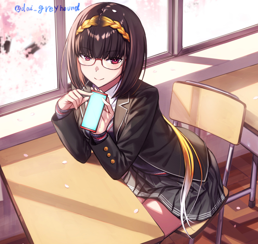 1girl, blonde_hair, brown_hair, cellphone, cherry_blossoms, fate/grand_order, fate_(series), glasses, highres, long_hair, moriyama_daisuke, multicolored_hair, osakabe_himeko, osakabehime_(fate), phone, pink_eyes, pleated_skirt, school_uniform, sitting, skirt, smartphone, smile, tracen_school_uniform, two-tone_hair, window