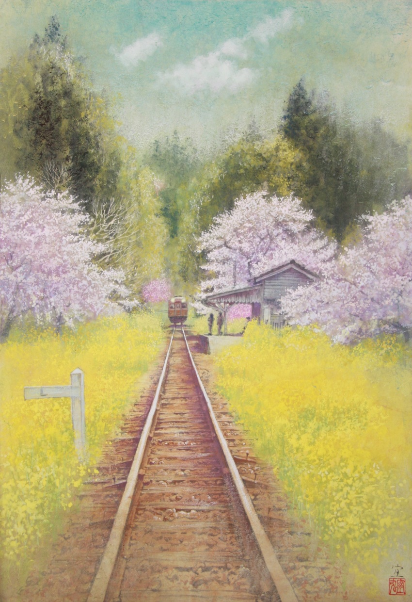 2others, absurdres, bush, cloud, cloudy_sky, fine_art_parody, grass, highres