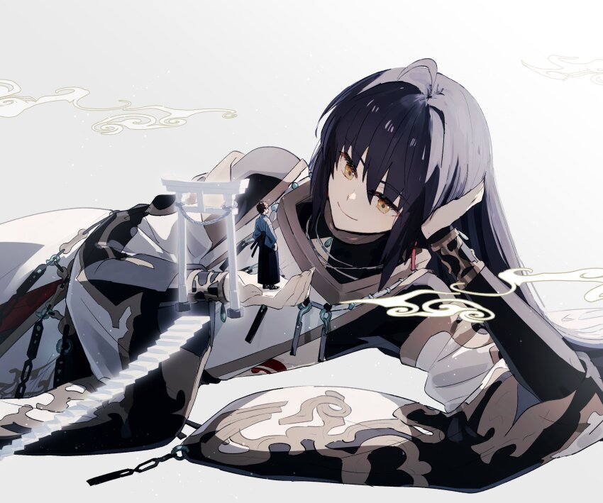 1boy, 1other, ahoge, androgynous, armrest, black_hair, black_hakama, blue_kimono