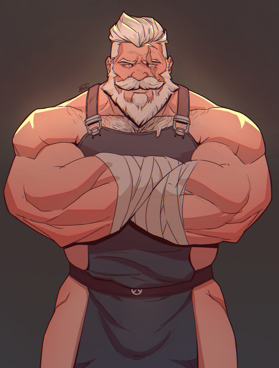 1boy, alternate_costume, apron, bandaged_arm, bandages, bara, beard, bulge, cowboy_shot, crossed_arms, facial_hair, full_beard, highres, large_pectorals, male_focus, mature_male, mr_nellory, muscular, muscular_male, mustache, naked_apron, old, old_man, overwatch, partially_blind, pectoral_cleavage, pectorals, reinhardt_(overwatch), scar, scar_across_eye, scar_on_face, short_hair, sidepec, thick_beard, thick_chest_hair, thick_mustache, white_hair, wrinkled_skin