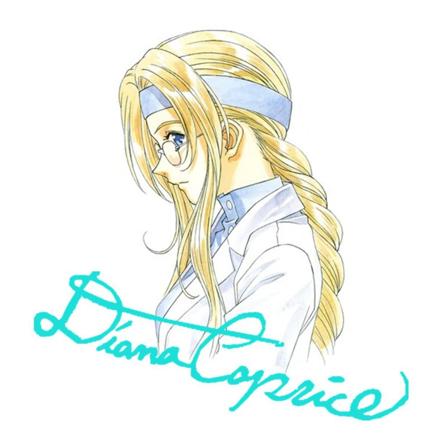 1girl, blonde_hair, blue_eyes, braid, buttons, coat, collar, collared_coat, cursive, diana_caprice, english_text, from_side, glasses, highres, lab_coat, blue_collar, blue_headband, long_hair, looking_at_viewer, mandarin_collar, matsubara_hidenori, maxi_shirt, nose, official_art, parted_lips, rimless_eyewear, sakura_taisen, sakura_taisen_v, signature, simple_background, single_braid, solo, solo_focus, third-party_source, traditional_media, white_background, white_coat, white_collar, white_sleeves