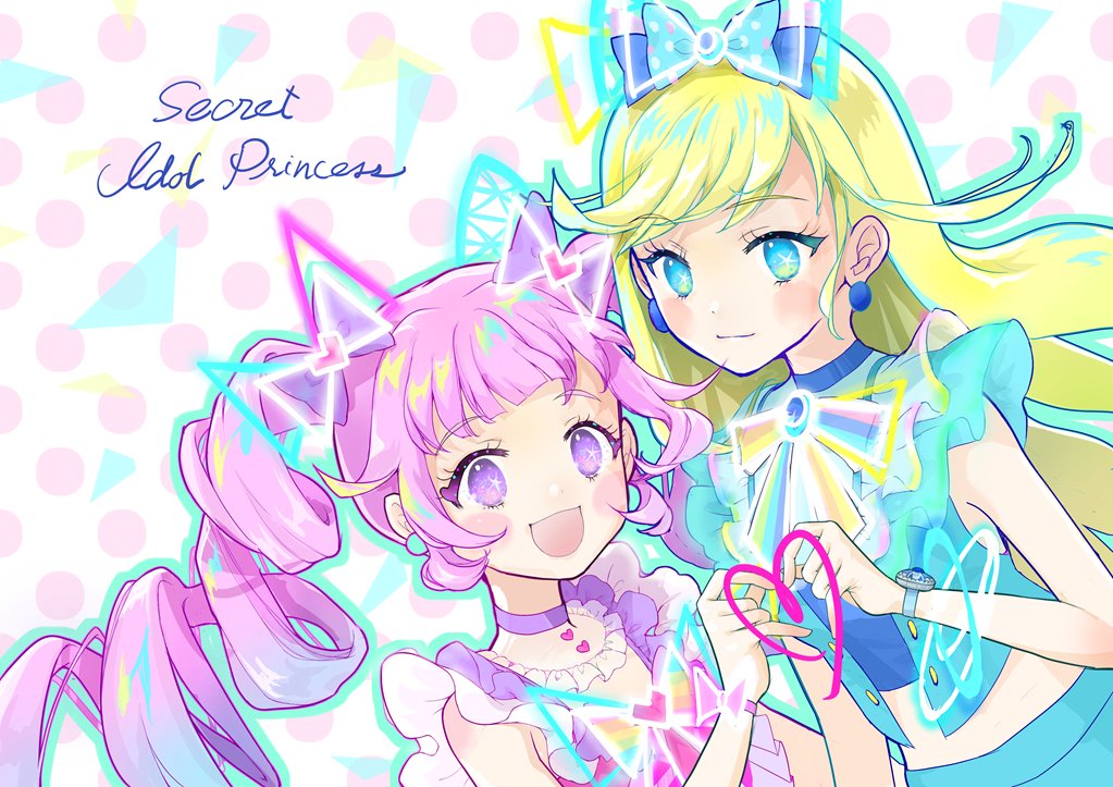 2girls, :d, aozora_himari, blonde_hair, blue_bow, blue_eyes, blue_jacket, blue_shirt