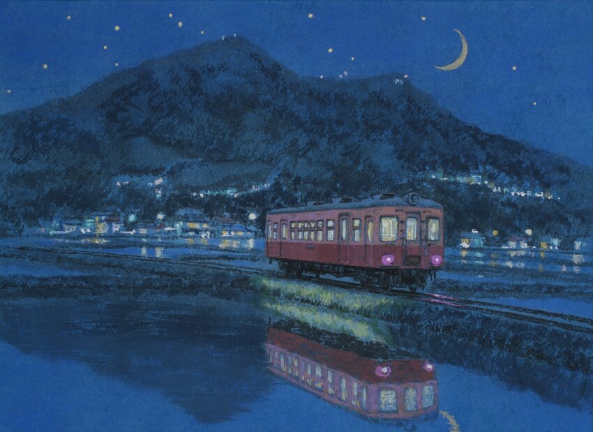 absurdres, crescent_moon, fine_art_parody, highres, light, moon, mountain, mountainous_horizon, night, nihonga, original, painting_(medium), parody, railroad_tracks, reflection, reflective_liquid, rice_paddy, sky, streetcar, tanamachi_yoshihiro, town, traditional_media