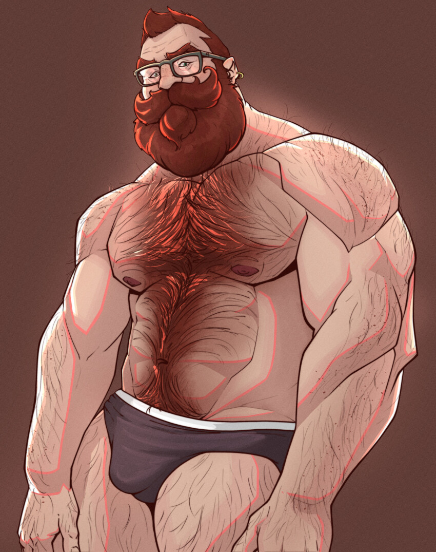 1boy, back_hair, bara, beard, beard_over_mouth, black_male_underwear, boxer_briefs, brown_hair, bulge, check_copyright, copyright_request, facial_hair, full_beard, glasses, hairy, hand_hair, highres, large_pectorals, male_focus, male_underwear, mature_male, mr_nellory, muscular, muscular_male, mustache, nipple_hair, old, old_man, original, pectorals, short_hair, sparse_arm_hair, thick_beard, thick_chest_hair, thick_leg_hair, thick_mustache, underwear, very_hairy, wrinkled_skin