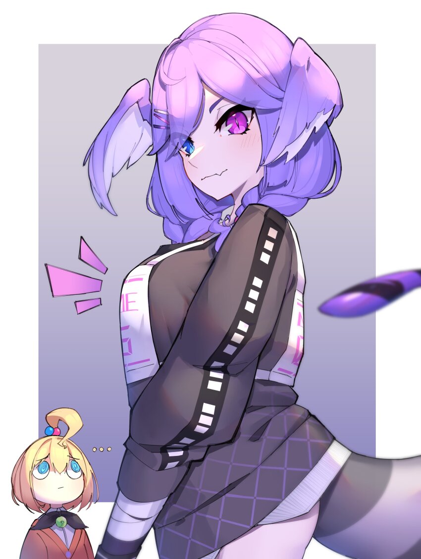 ..., 2girls, absurdres, black_shirt, blue_eyes, braid, breast_envy, breasts