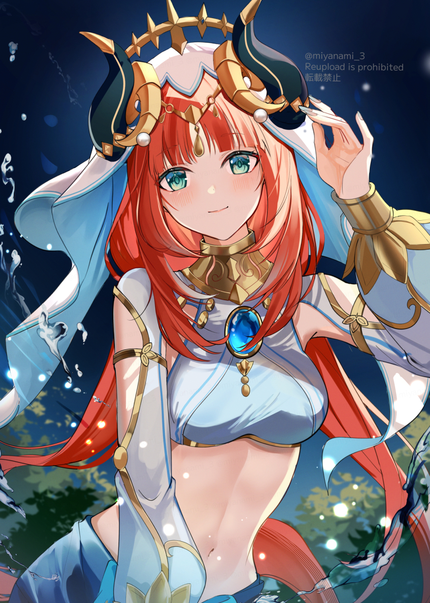 1girl, blush, breasts, circlet, closed_mouth, crop_top, detached_sleeves, fake_horns