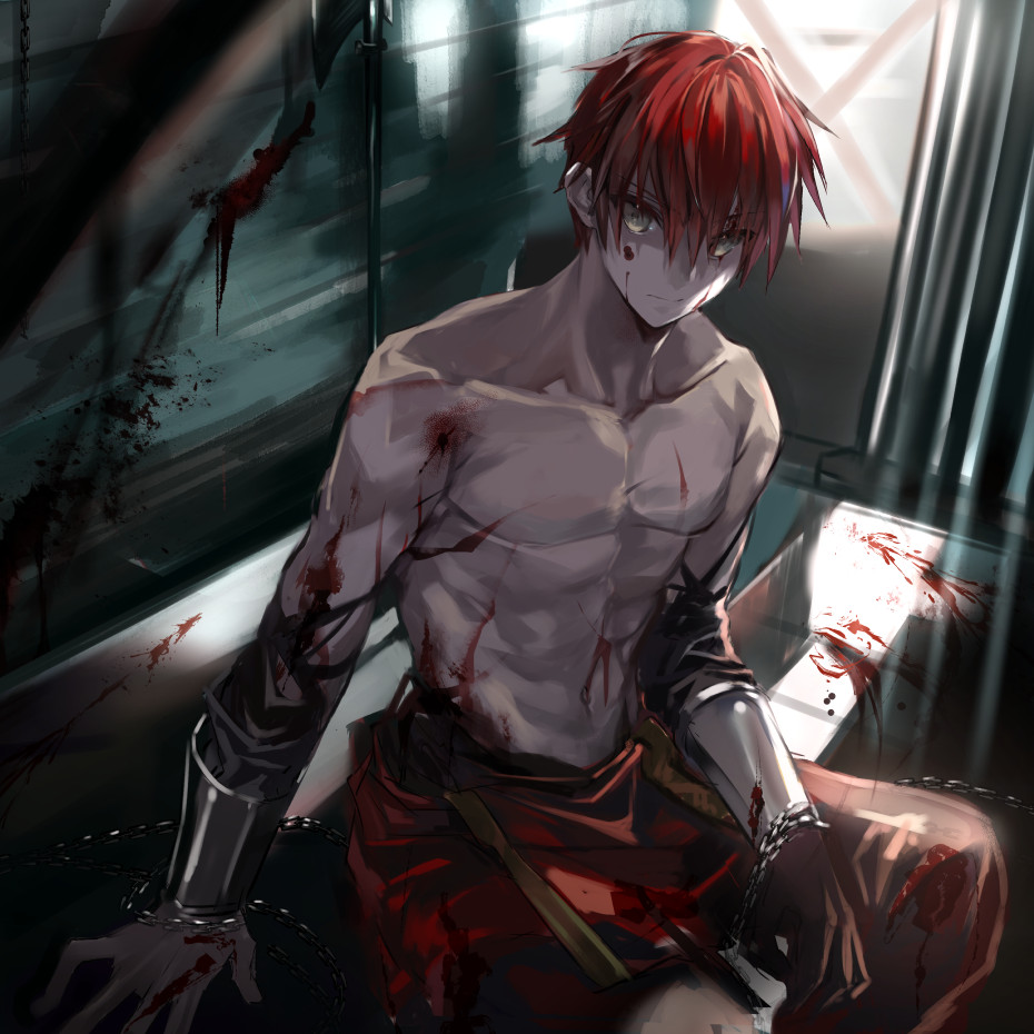 1boy, adol_christin, bare_shoulders, blood, blood_on_body, blood_on_face, chain, collarbone, grey_eyes, hair_between_eyes, indoors, looking_at_viewer, male_focus, muscular, muscular_male, red_hair, short_hair, sitting, solo, tatsumikkk, ys