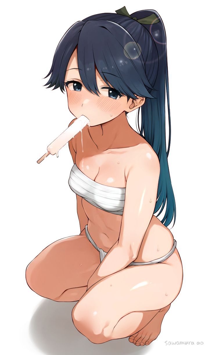 1girl, artist_name, barefoot, between_legs, black_hair, blue_eyes, blue_hair, blush
