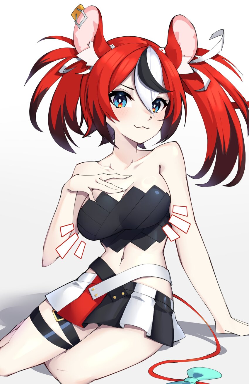 1girl, :3, absurdres, animal_ears, black_tube_top, blue_eyes, breasts, cleavage