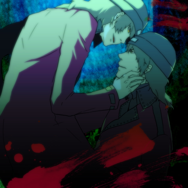 2boys, aragaki_shinjirou, atlus, beanie, blood, brown_eyes, brown_hair, coat