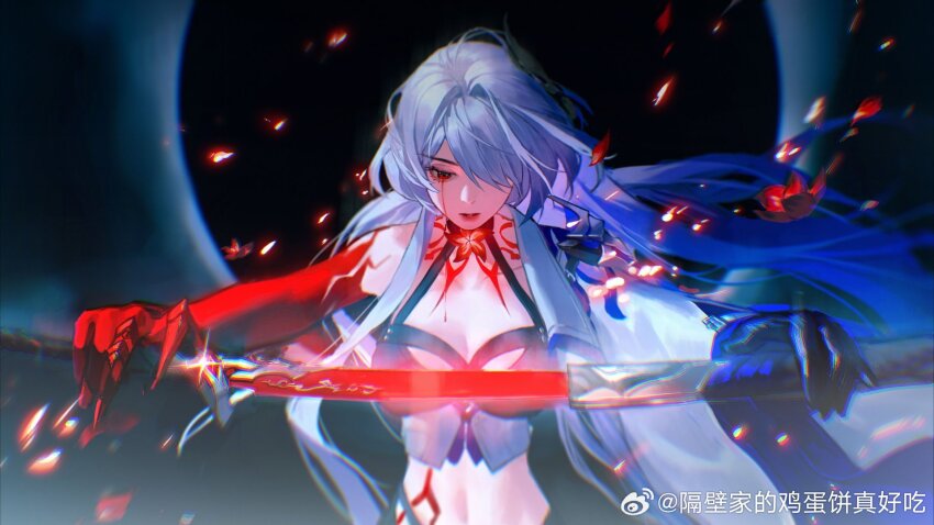 1girl, acheron_(honkai:_star_rail), ba_shiba_ye_xin, black_choker, black_gloves, blood, bloody_tears, body_markings, breasts, choker, cleavage, coat, detached_sleeves, flower, gloves, hair_over_one_eye, highres, holding, holding_sword, holding_weapon, honkai:_star_rail, honkai_(series), long_hair, medium_breasts, midriff, navel, red_eyes, red_flower, sheath, single_bare_shoulder, solo, stomach, sword, unsheathing, upper_body, watermark, weapon, weibo_watermark, white_coat, white_hair
