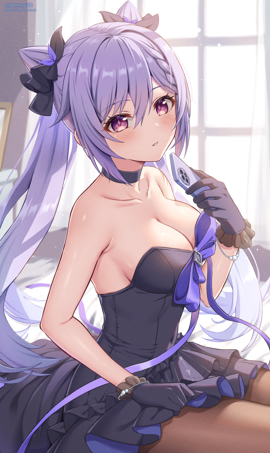 1girl, bare_shoulders, black_choker, black_dress, black_gloves, braid, breasts, brown_pantyhose, cellphone, choker, cleavage, commentary_request, cone_hair_bun, covered_navel, curtains, double_bun, dress, frilled_gloves, frills, genshin_impact, gloves, hair_between_eyes, hair_bun, hair_ornament, hand_up, highres, holding, holding_phone, indoors, keqing_(genshin_impact), keqing_(oneplus)_(genshin_impact), long_hair, looking_at_viewer, medium_breasts, official_alternate_costume, pantyhose, parted_lips, phone, pink_hair, ponnyu12, purple_hair, sitting, smartphone, solo, window