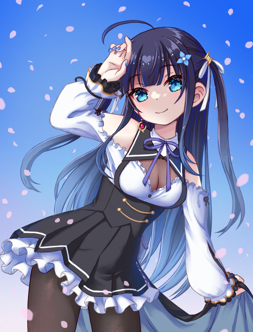 1girl, ahoge, arm_up, assault_lily, bare_shoulders, black_hair, black_skirt, blue_background, blue_eyes, blue_hair, blue_nails, blunt_bangs, breasts, brown_pantyhose, c-chrone, cleavage, closed_mouth, clothing_cutout, collared_shirt, commentary_request, cowboy_shot, falling_petals, fingernails, frilled_shirt_collar, frilled_skirt, frilled_sleeves, frills, gradient_background, gradient_hair, hair_ribbon, hand_on_own_head, highres, leaning_to_the_side, long_hair, long_sleeves, looking_at_viewer, medium_breasts, miniskirt, mozuna_noa, multicolored_hair, nail_polish, neck_ribbon, pantyhose, petals, pleated_skirt, puffy_sleeves, purple_ribbon, ribbon, school_uniform, see-through_clothes, shirt, shoulder_cutout, simple_background, skirt, smile, solo, suspenders, two-tone_hair, two_side_up, underbust, very_long_hair, waist_cape, white_ribbon, white_shirt, yurigaoka_girls_academy_school_uniform