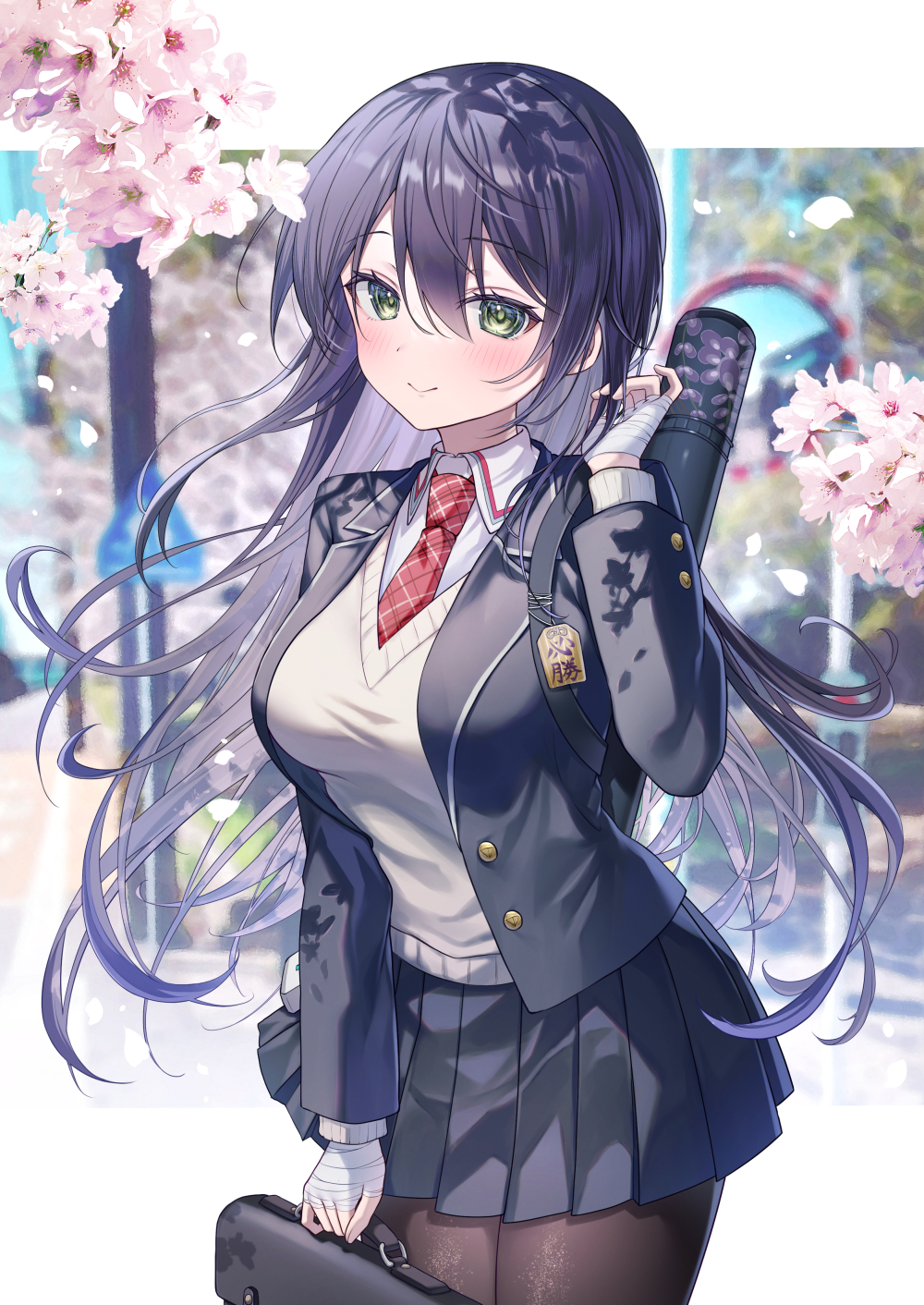 1girl, bandaged_hand, bandages, black_hair, black_jacket, black_skirt, blazer, blurry