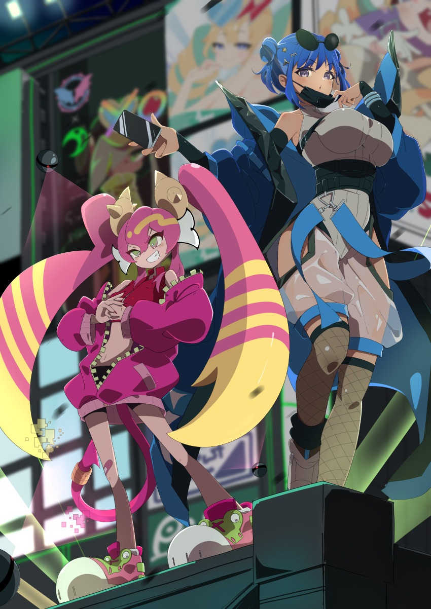 2girls, absurdres, blonde_hair, blue_hair, breasts, cellphone, clothing_cutout, crop_top