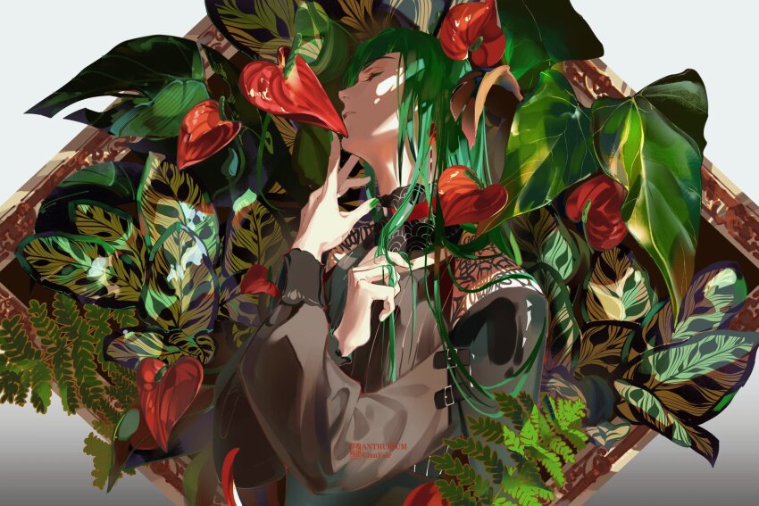 1girl, arm_belt, belt, belt_buckle, black_belt, black_collar, black_shirt, black_sleeves