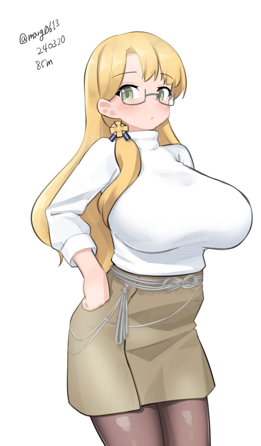 1girl, absurdres, alternate_costume, black_pantyhose, blonde_hair, breasts, dated, glasses