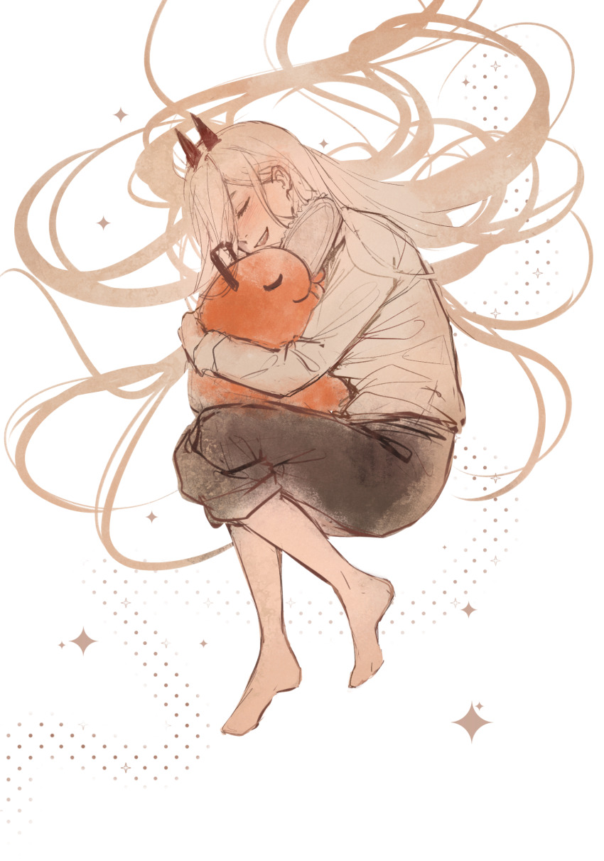 1girl, 1other, absurdres, black_pants, blonde_hair, chainsaw, chainsaw_man, etiv