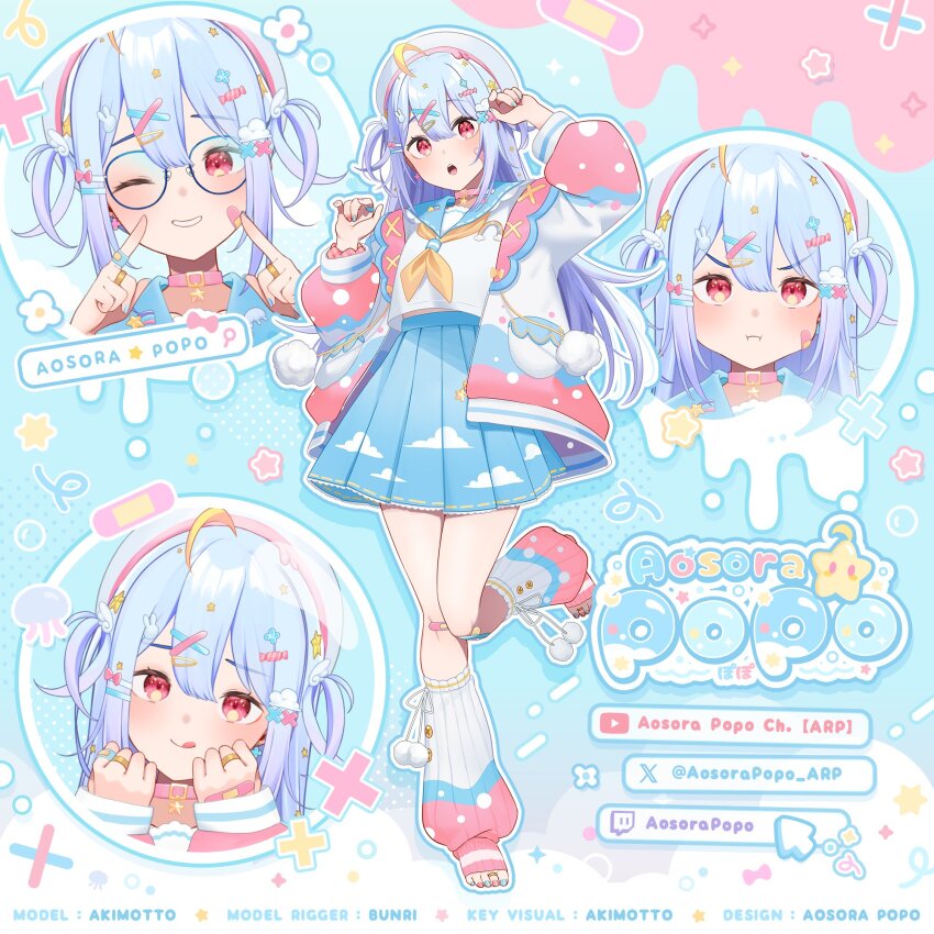1girl, :q, :t, akimotto, algorhythm_project, angry, aosora_popo, artist_request, blue_hair, blue_skirt, candy_hair_ornament, closed_mouth, food-themed_hair_ornament, glasses, hair_between_eyes, hair_ornament, hairclip, highres, jacket, long_hair, long_sleeves, midriff, multicolored_jacket, neckerchief, official_art, open_mouth, rabbit_hair_ornament, red_eyes, school_uniform, serafuku, shirt, skirt, smile, socks, solo, tongue, tongue_out, twitch_logo, twitter_logo, twitter_username, twitter_x_logo, virtual_youtuber, white_jacket, white_shirt, x_hair_ornament, yellow_neckerchief, youtube_logo