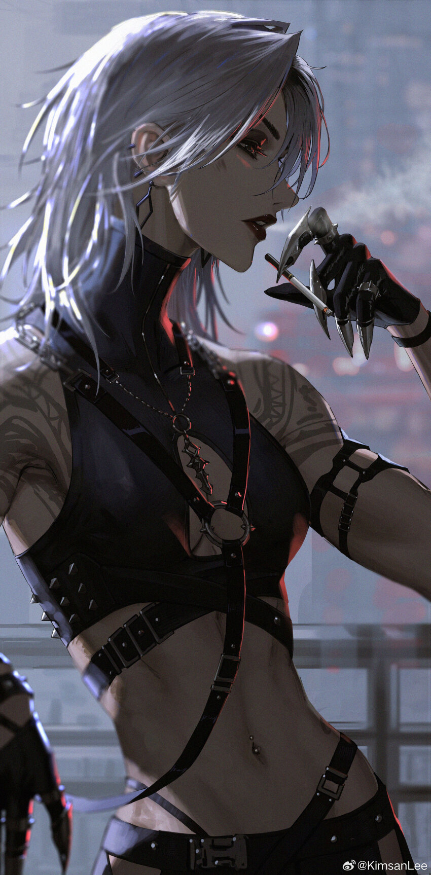 1girl, absurdres, artist_name, black_eyeshadow, black_gloves, black_lips, blurry, blurry_background, chain, chain_necklace, cigarette, crop_top, earclip, earrings, eyeshadow, fake_claws, from_side, gloves, grey_sky, highres, holding, holding_cigarette, jewelry, lee_kimsan, makeup, multiple_necklaces, navel_piercing, necklace, path_to_nowhere, piercing, railing, shirt, shoulder_tattoo, sky, solo, strap, sword_necklace, tattoo, traditional_media, turtleneck, turtleneck_shirt, white_hair, zoya_(path_to_nowhere)