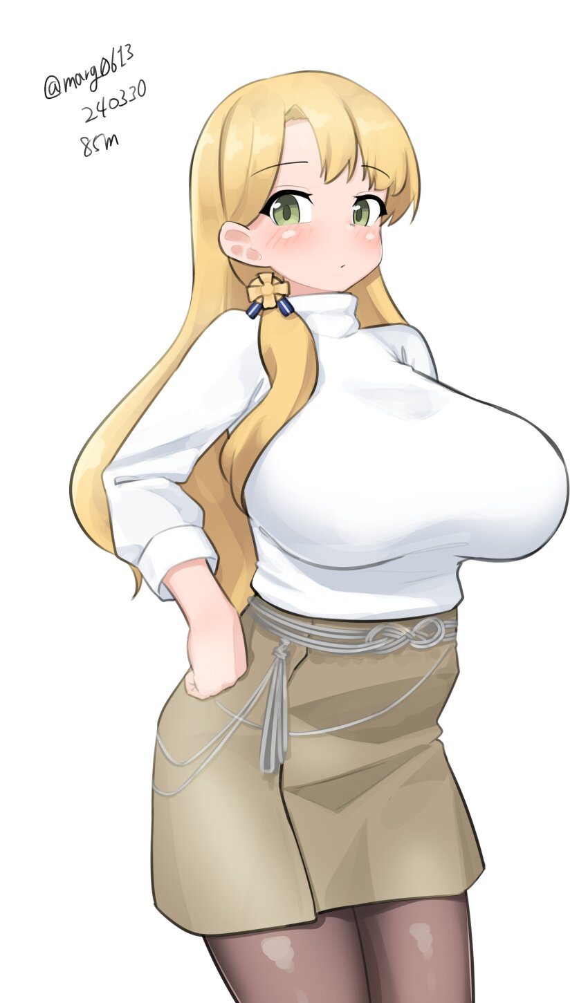 1girl, absurdres, alternate_costume, black_pantyhose, blonde_hair, breasts, dated, green_eyes