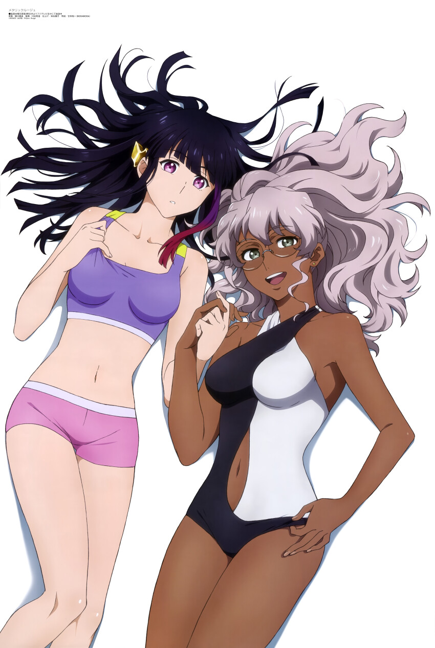 2girls, absurdres, bikini, black_hair, black_one-piece_swimsuit, blunt_bangs, breasts, dark-skinned_female