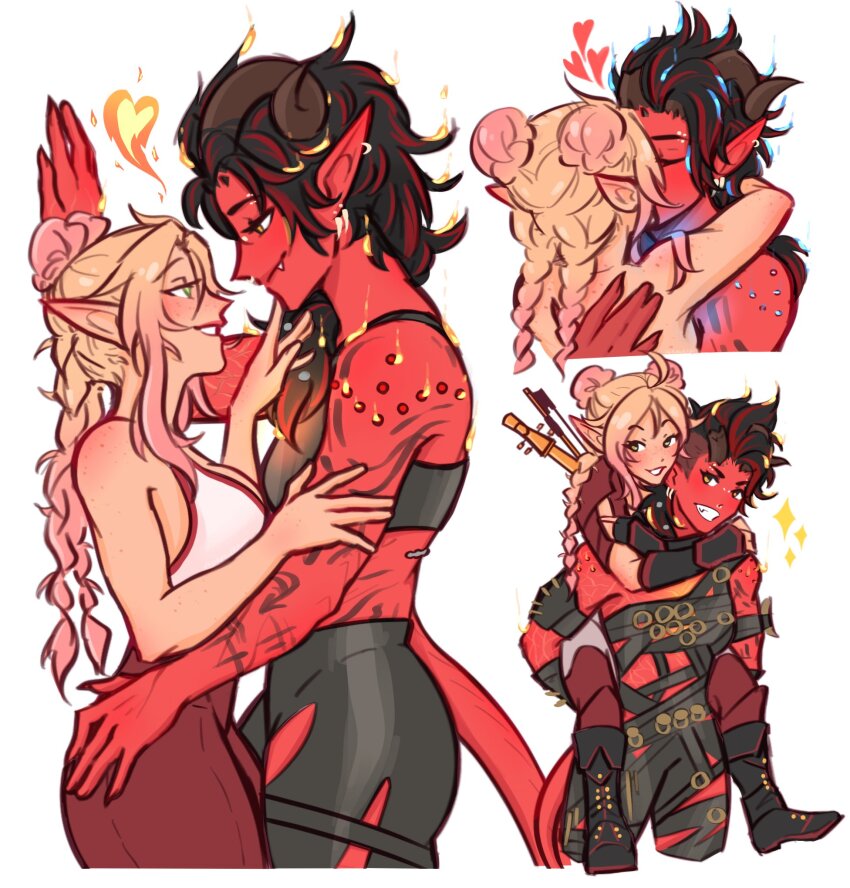 2girls, arms_around_neck, aurora_(aurawra21), baldur's_gate, baldur's_gate_3, bare_arms, black_footwear, black_hair