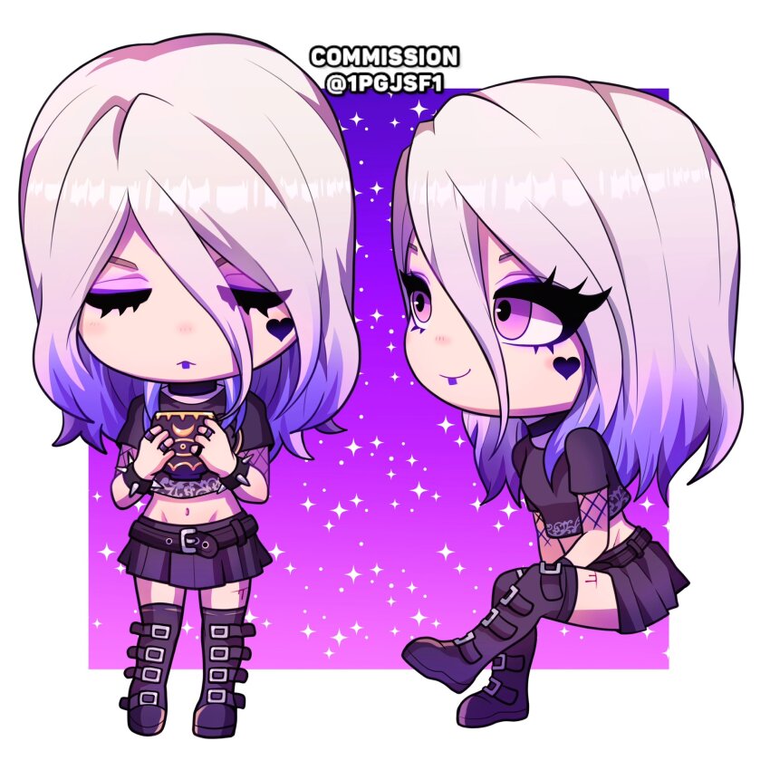 animification, belt, black_belt, black_choker, black_footwear, black_shirt, black_skirt, boots, chibi, choker, closed_eyes, colored_tips, commentary, commission, cropped_shirt, dead_by_daylight, english_commentary, eyeshadow, facial_mark, grey_hair, groin, hair_between_eyes, heart, heart_facial_mark, highres, jewelry, makeup, midriff, multicolored_hair, multiple_rings, multiple_views, navel, pipa_(1pgjsf1), purple_eyes, purple_eyeshadow, purple_hair, ring, sable_ward, shirt, sitting, skirt, smile, thigh_boots