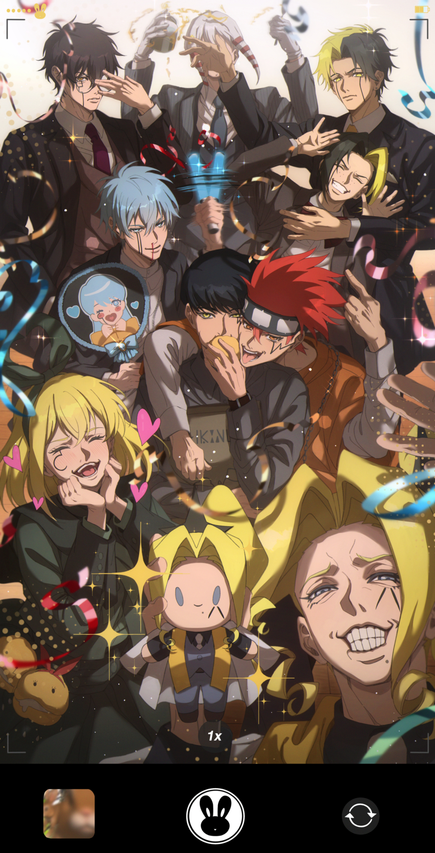 2girls, 6+boys, absurdres, black_hair, blonde_hair, blue_hair, closed_eyes, collared_shirt, confetti, cream_puff, daut_barret, facial_mark, finn_ames, food, glasses, grey_hair, headband, highres, kagura_kurosaki, kaldo_gehenna, lance_crown, lemon_irvine, long_sleeves, mash_burnedead, mashle, multicolored_hair, multiple_boys, multiple_girls, necktie, open_mouth, orter_madl, rayne_ames, red_hair, red_necktie, ryoh_grantz, shirt, split-color_hair, teeth, viewfinder