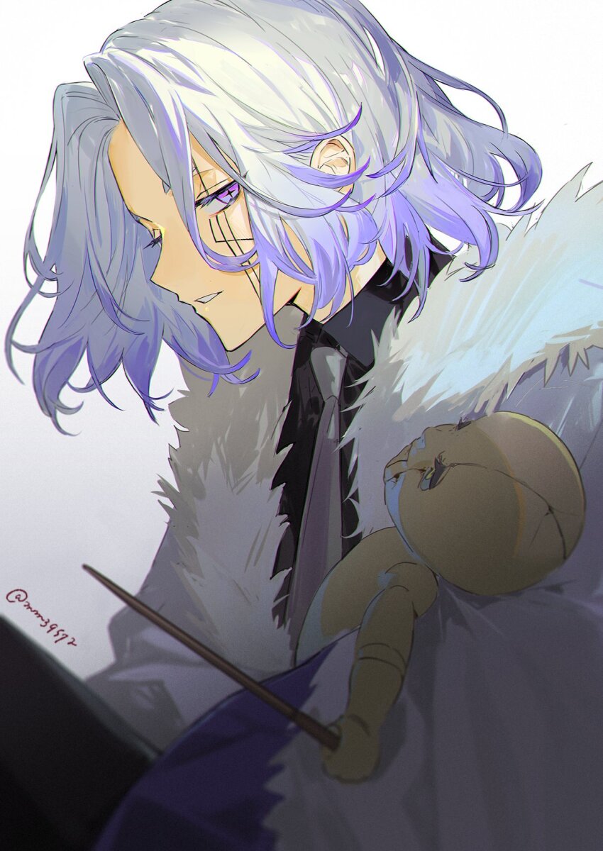 1boy, abel_walker, black_shirt, coat, collared_shirt, fur-trimmed_coat, fur_trim, grey_hair, grey_necktie, highres, looking_at_another, mashle, mm39572, multicolored_hair, necktie, parted_lips, puppet, purple_eyes, shirt, short_hair, solo, two-tone_hair, wand, white_background