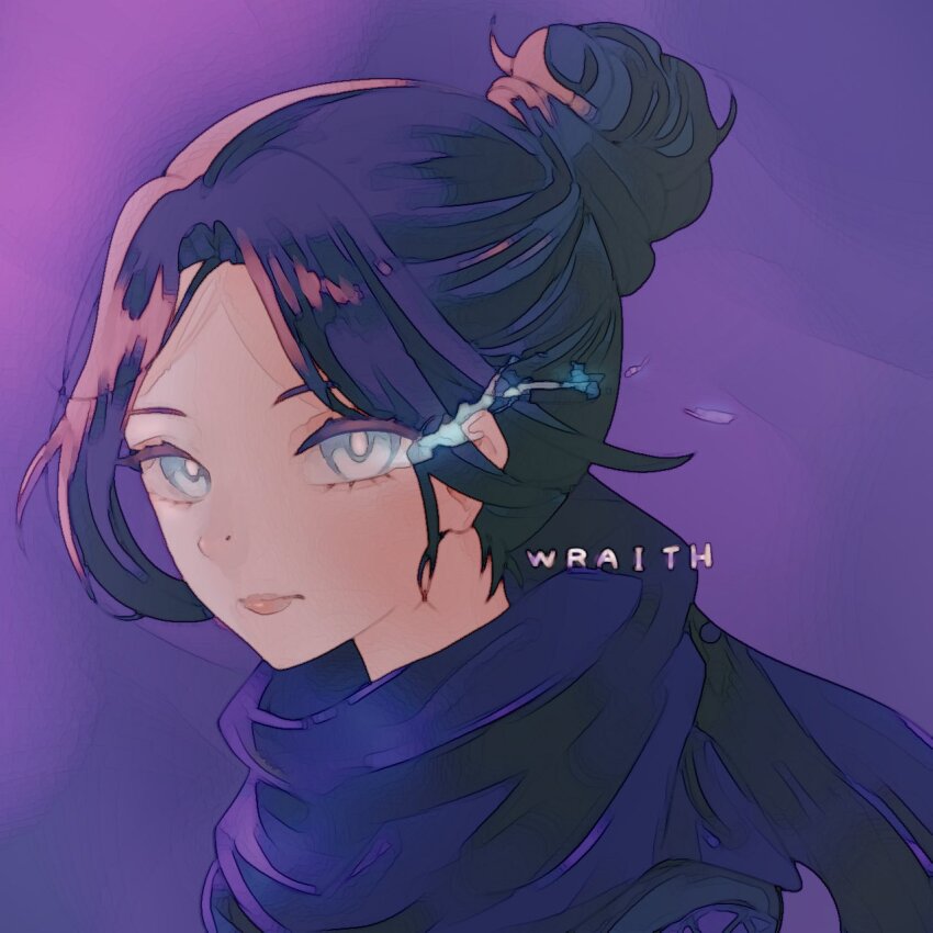 1girl, animification, apex_legends, black_hair, black_scarf, blue_eyes, character_name, chimo_(rucchi16ren), expressionless, face_piercing, hair_behind_ear, hair_bun, highres, looking_at_viewer, nose_piercing, piercing, pink_lips, purple_background, scarf, single_hair_bun, solo, wraith_(apex_legends)