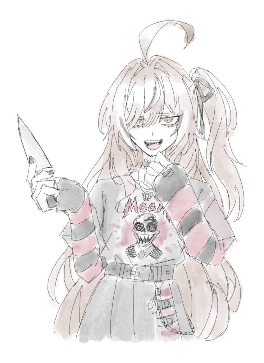 1girl, ahoge, bags_under_eyes, belt, biscuitaart, black_hair, black_ribbon, black_sweater