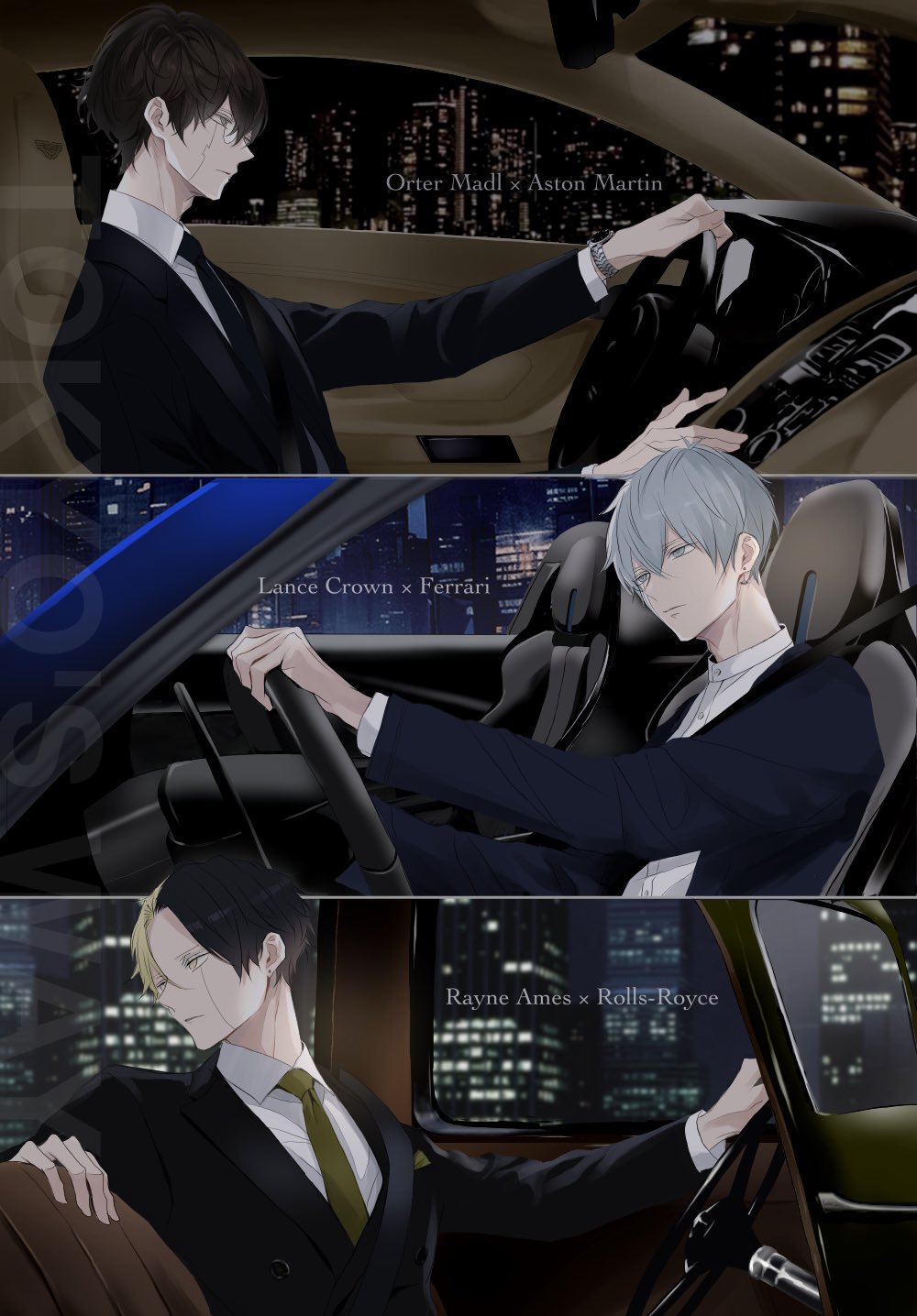 3boys, black_hair, blue_eyes, blue_hair, building, car, collared_shirt, contemporary
