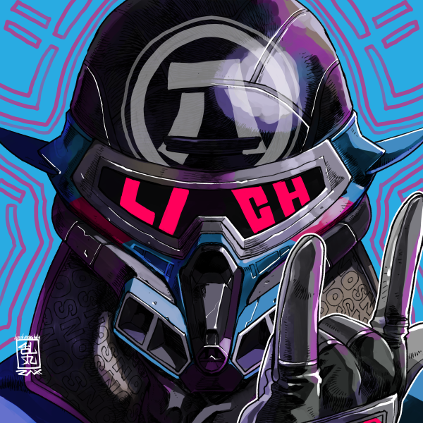 1boy, apex_legends, black_gloves, blue_background, commission, gloves, helmet, makaron