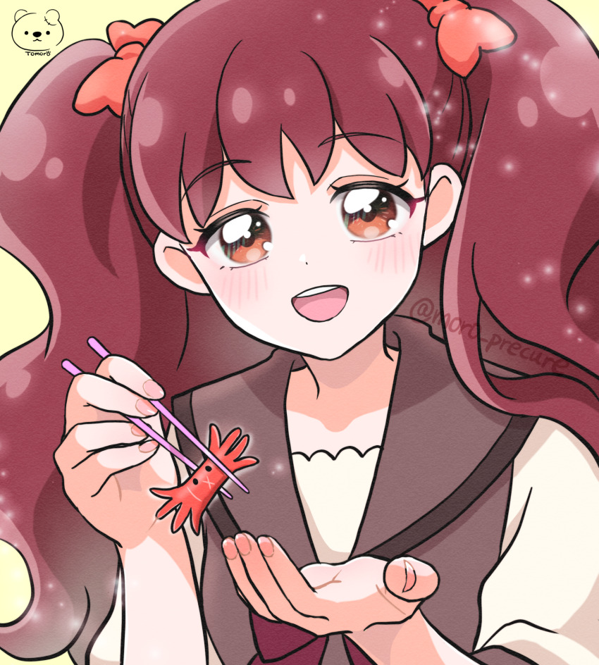 1girl, :d, blush, bow, brown_eyes, brown_hair, brown_sailor_collar, chopsticks