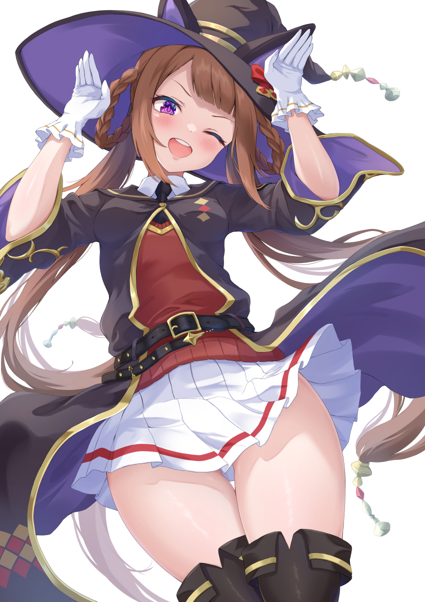 1girl, ;d, absurdres, animal_ears, belt, black_belt, black_hat, black_thighhighs