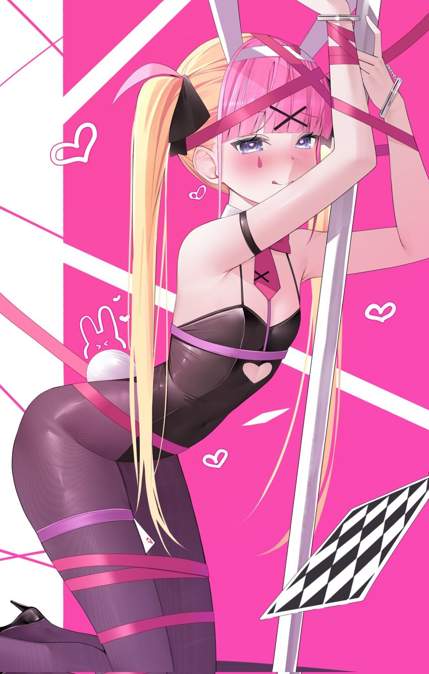 1girl, :q, ace_(playing_card), animal_ears, armlet, armpit_crease, armpit_peek, arms_up, bare_shoulders, black_footwear, black_leotard, black_ribbon, blonde_hair, blue_eyes, blunt_bangs, blush, card, card_between_legs, clothing_cutout, corrupted_twitter_file, covered_navel, cuffs, detached_collar, facial_mark, fake_animal_ears, fake_tail, feet_out_of_frame, flat_chest, from_side, hair_ornament, hair_ribbon, half-closed_eyes, handcuffs, heart, heart_background, heart_cutout, heart_in_eye, high_heels, highres, indie_virtual_youtuber, jewelry, kneeling, kyoresu, leotard, long_hair, looking_at_viewer, multicolored_hair, necktie, nose_blush, pantyhose, pink_background, pink_hair, pink_necktie, playboy_bunny, playing_card, pole, purple_pantyhose, rabbit_ears, rabbit_hole_(vocaloid), rabbit_tail, ribbon, second-party_source, sidelocks, solo, spaghetti_strap, stomach_cutout, straight_hair, stripper_pole, symbol_in_eye, tail, teardrop_facial_mark, tie_clip, tongue, tongue_out, tsurime, twintails, two-tone_background, two-tone_hair, unworn_ribbon, very_long_hair, virtual_youtuber, white_background, white_tail, x_hair_ornament, yuuki02