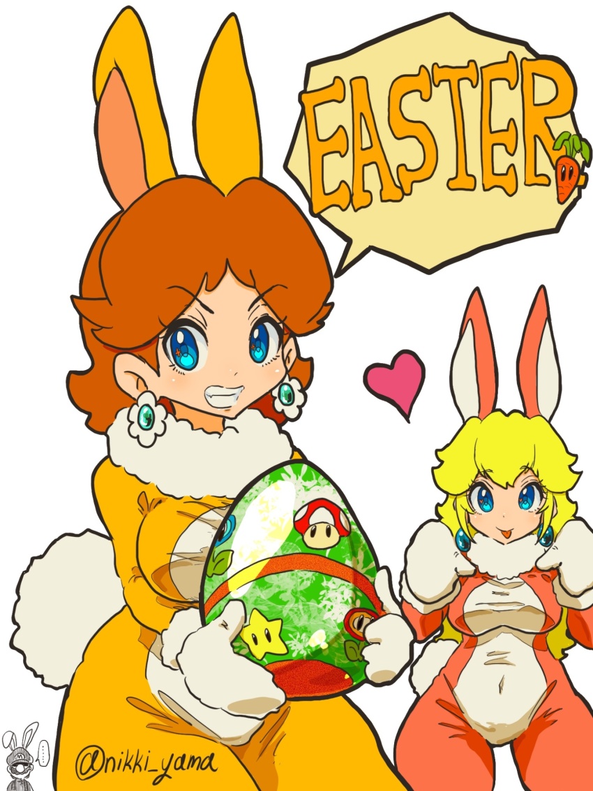 1boy, 2girls, artist_name, blonde_hair, blue_eyes, breasts, brown_hair, carrot_(mario)