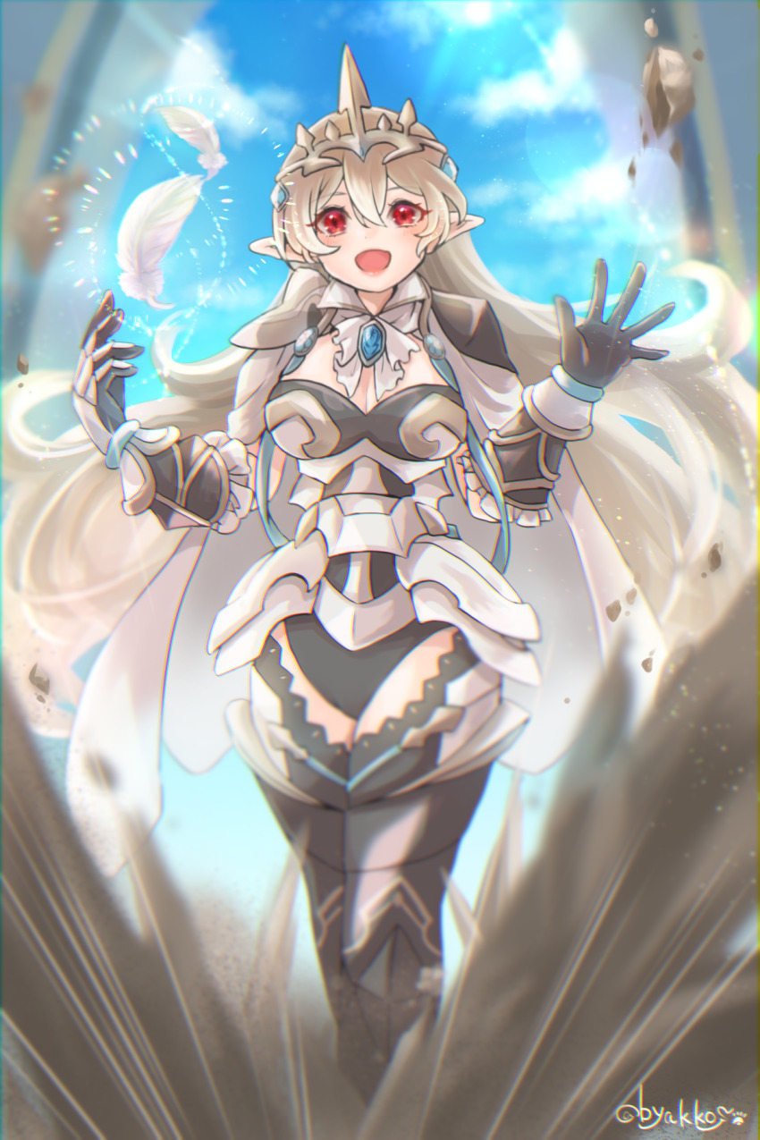 1girl, armor, armored_leotard, black_leotard, byakkos, cape, female_corrin_(fire_emblem), female_corrin_(silent_bloodline)_(fire_emblem), crown, fire_emblem, fire_emblem_fates, fire_emblem_heroes, floating, floating_object, highres, leotard, nintendo, official_alternate_costume, pointy_ears, queen, red_eyes, shoulder_armor, solo